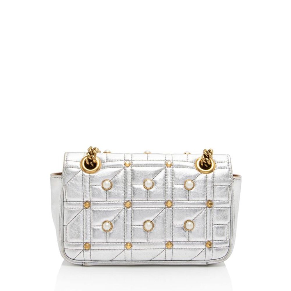 Gucci Metallic Matelasse Leather Pearl GG Marmont Mini Flap Bag - Picture 3 of 15